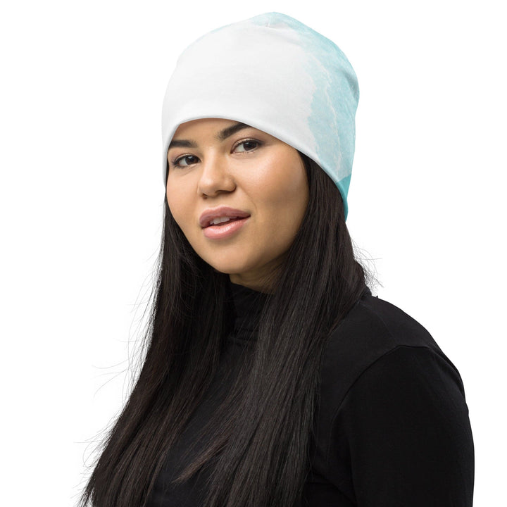 Double-layered Beanie Hat Subtle Abstract Ocean Blue and White Print - Unisex