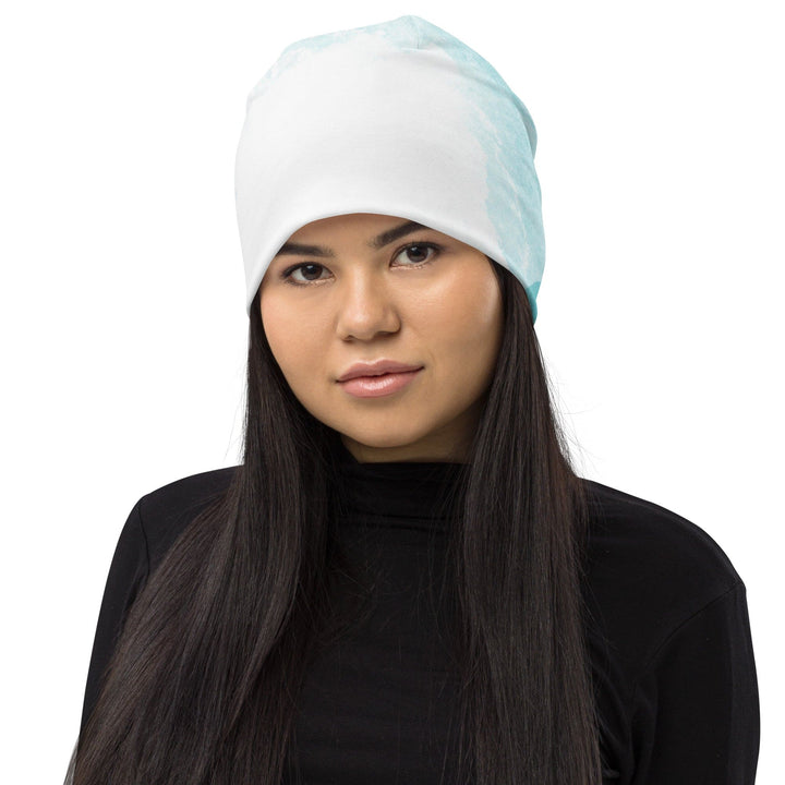 Double-layered Beanie Hat Subtle Abstract Ocean Blue and White Print - Unisex