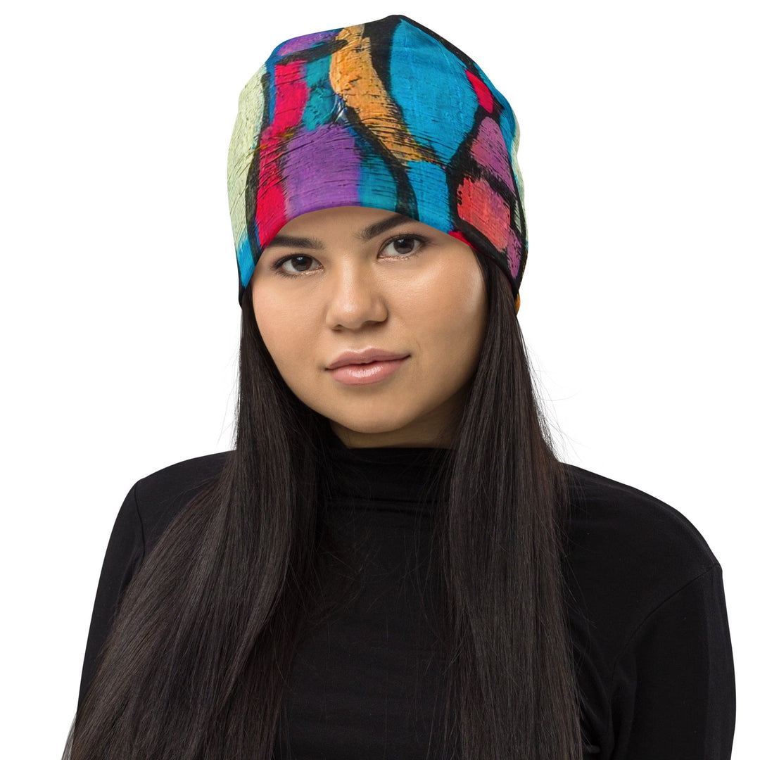 Double-layered Beanie Hat Sutileza Red Multicolor Abstract Print 2 - Unisex