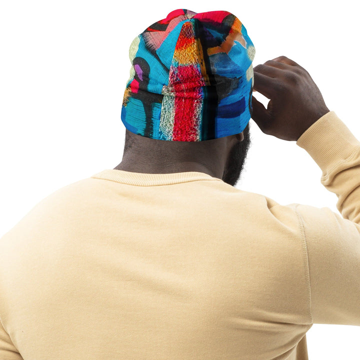 Double-layered Beanie Hat Sutileza Red Multicolor Abstract Print - Unisex