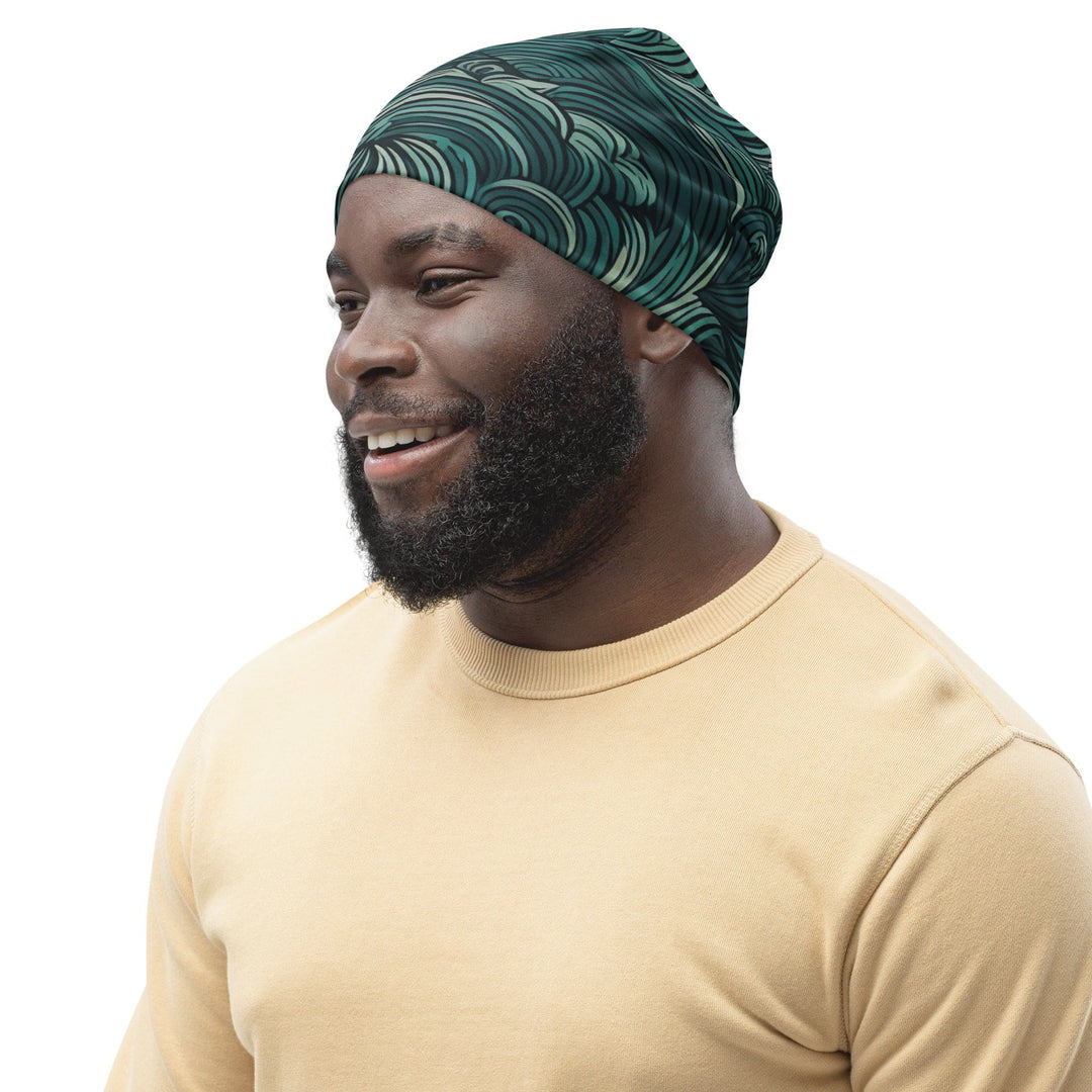 Double-layered Beanie Hat Mint Green Water Wave Print - Unisex/Beanie
