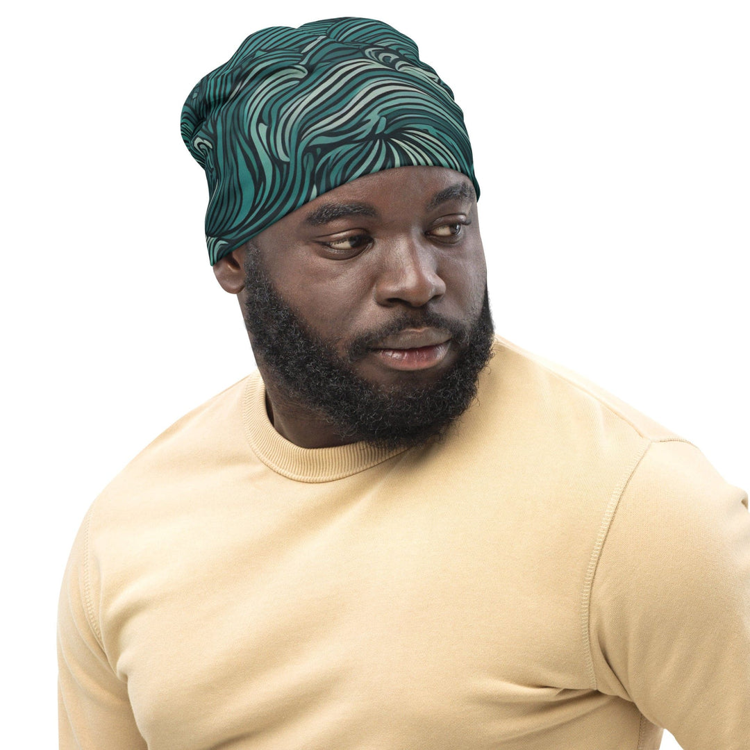 Double-layered Beanie Hat Mint Green Water Wave Print - Unisex/Beanie