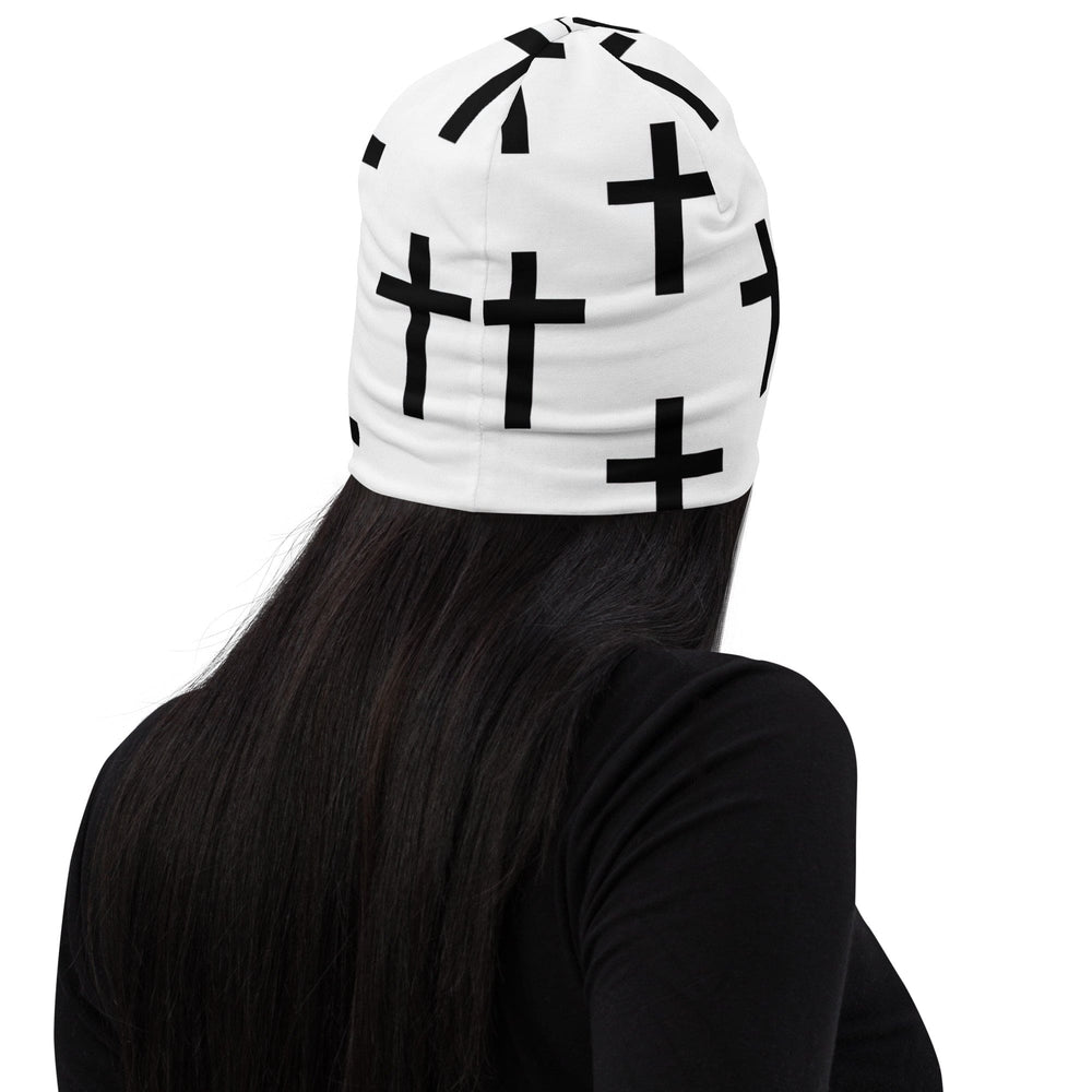 Double-layered Beanie Hat White Black Cross Print - Unisex | Beanie Hats