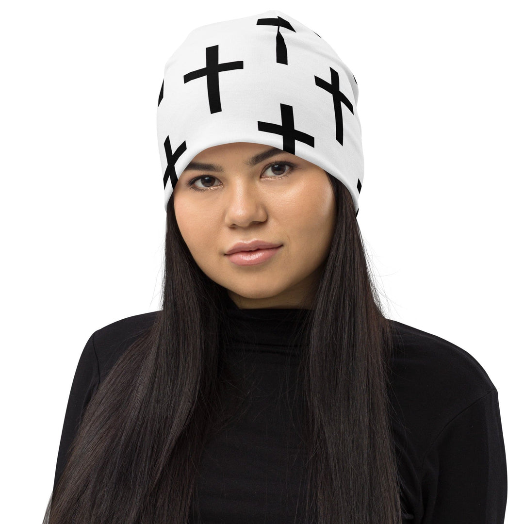 Double-layered Beanie Hat White Black Cross Print - Unisex | Beanie Hats