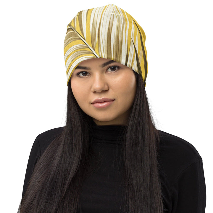 Double-layered Beanie Hat White Brown Palm Leaves 2 - Unisex | Beanie Hats