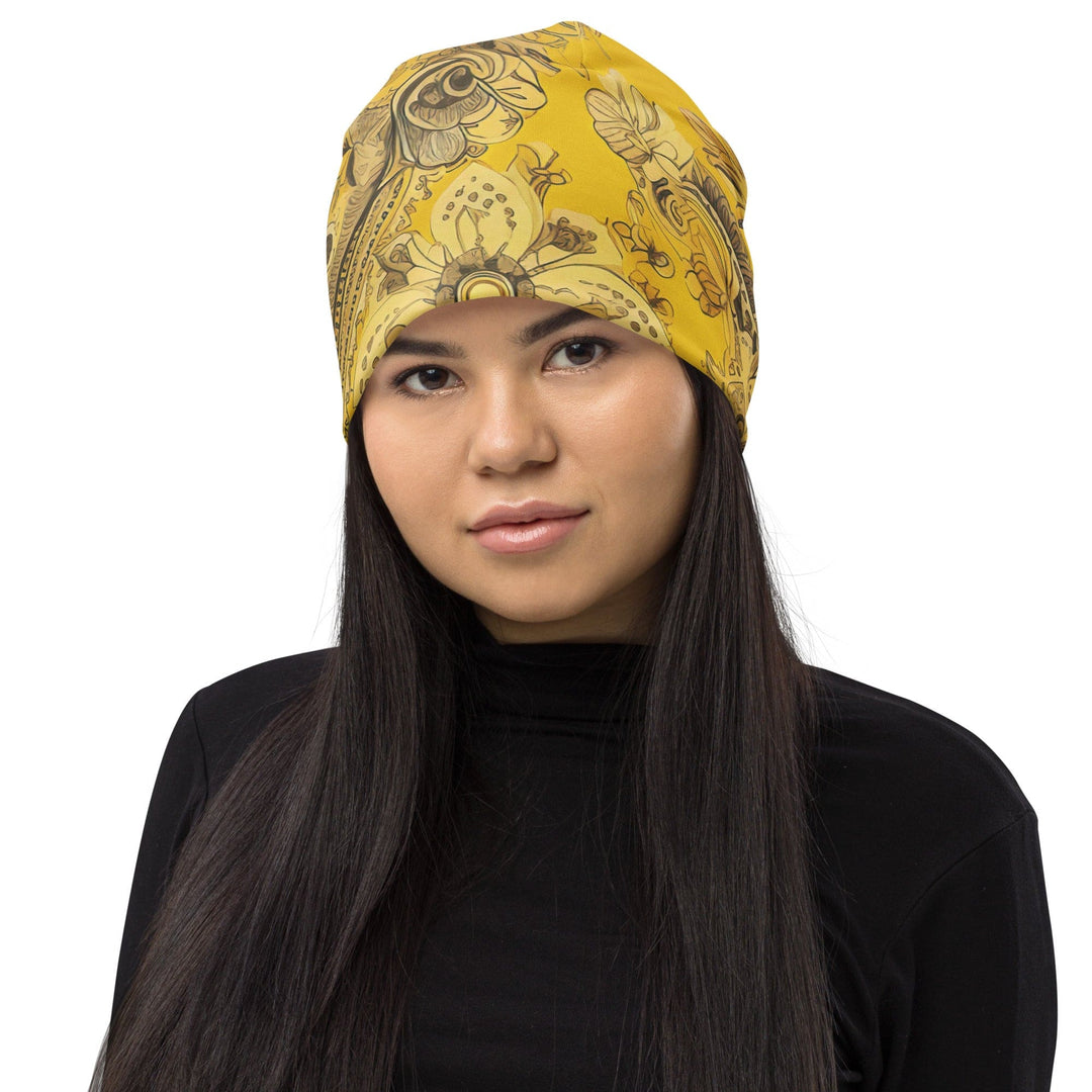 Double-layered Beanie Hat Floral Yellow Bandanna Print - Unisex | Beanie Hats