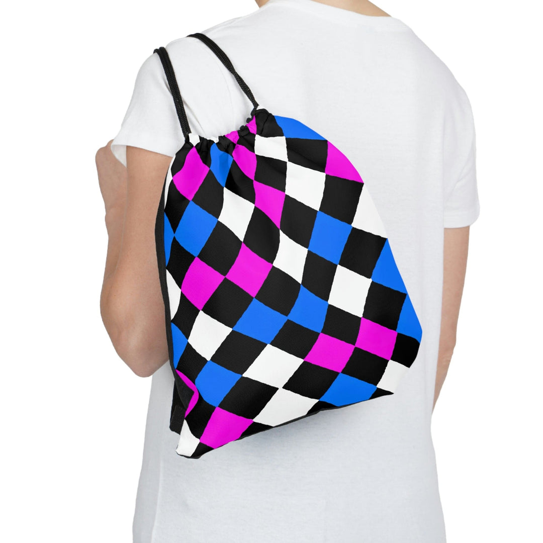 Drawstring Backsac Bag - Black Pink Blue Checkered Pattern - Bags | Drawstring