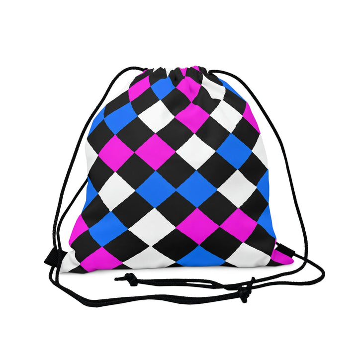 Drawstring Backsac Bag - Black Pink Blue Checkered Pattern - Bags | Drawstring