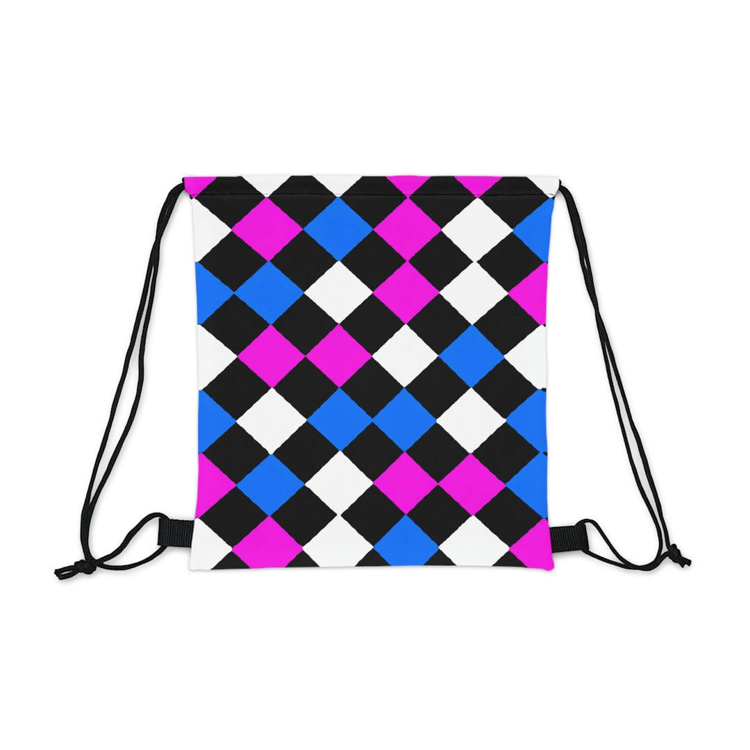 Drawstring Backsac Bag - Black Pink Blue Checkered Pattern - Bags | Drawstring