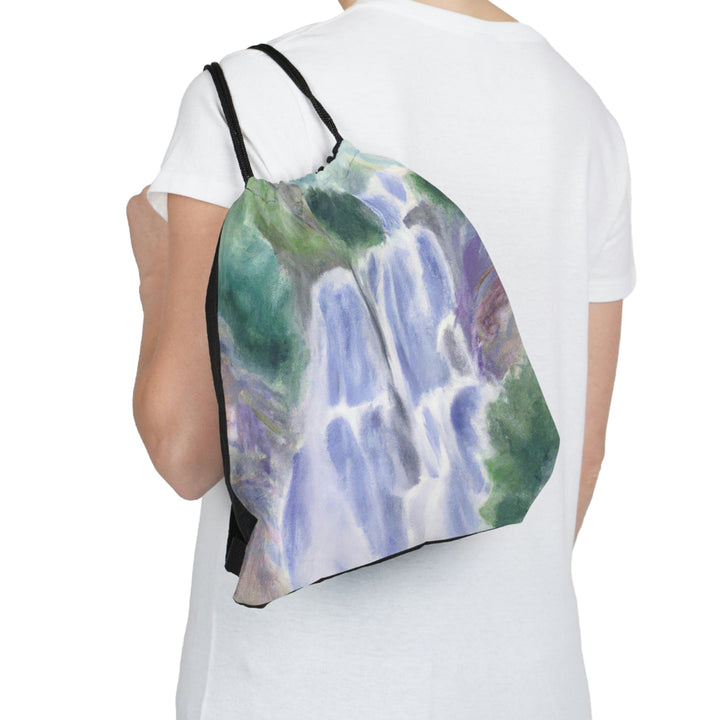 Drawstring Bag Purple Watercolor Waterfall Green Landscape Nature Print - Bags