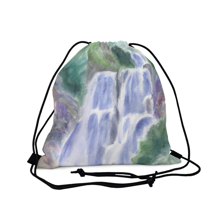 Drawstring Bag Purple Watercolor Waterfall Green Landscape Nature Print - Bags