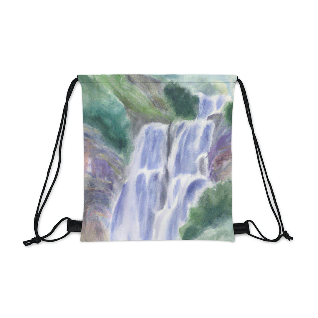 Drawstring Bag Purple Watercolor Waterfall Green Landscape Nature Print - Bags