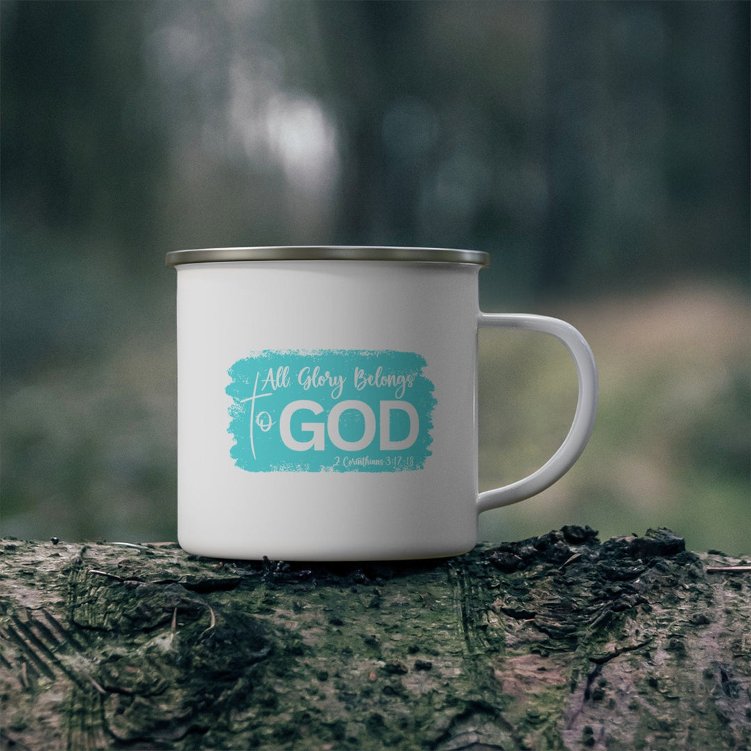 Enamel Camping Mug All Glory Belongs to God Christian Illustration Cyan