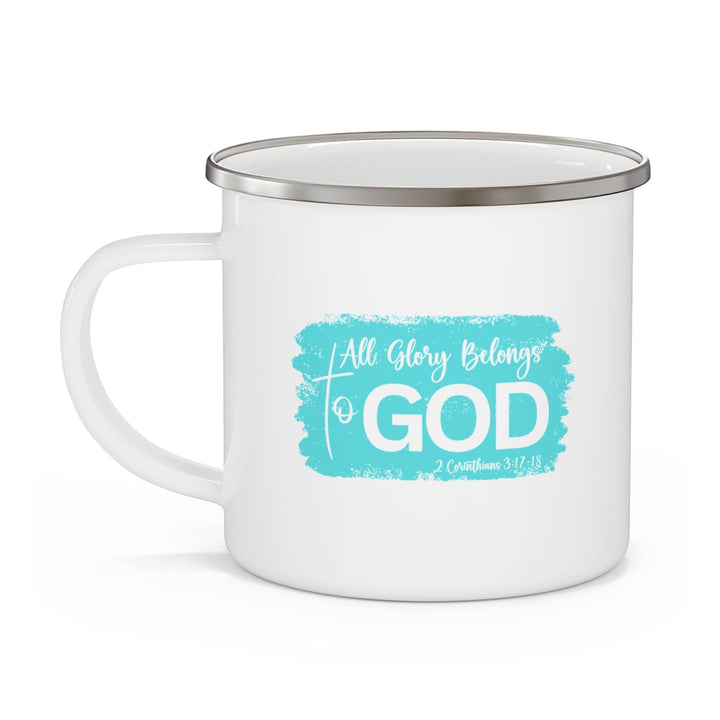 Enamel Camping Mug All Glory Belongs to God Christian Illustration Cyan