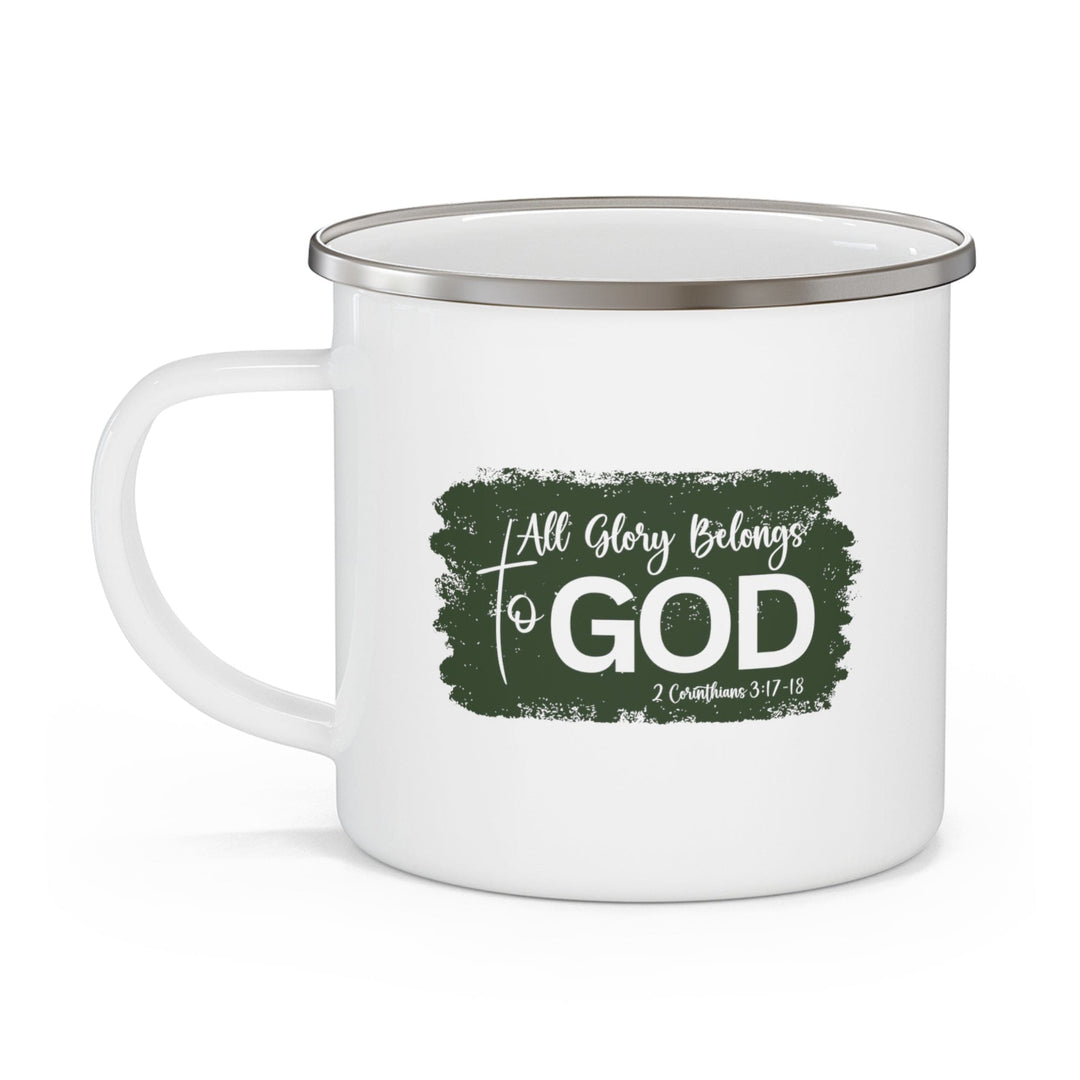 Enamel Camping Mug All Glory Belongs to God Christian Illustration Dark Green