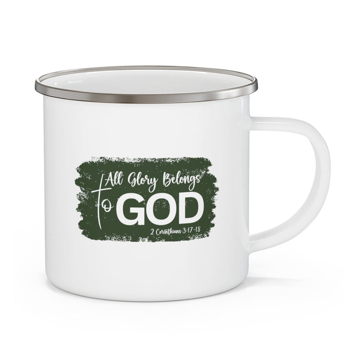 Enamel Camping Mug All Glory Belongs to God Christian Illustration Dark Green