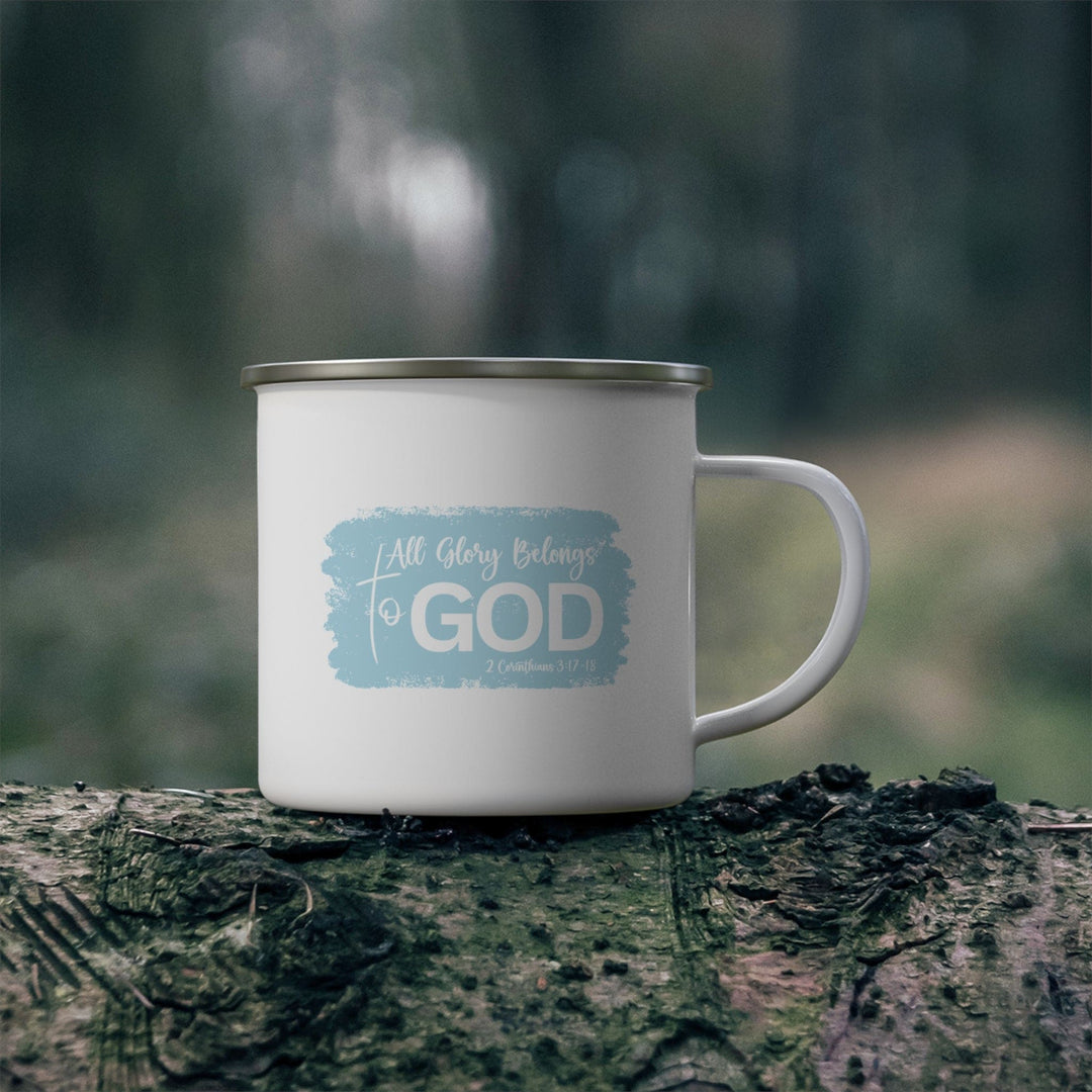 Enamel Camping Mug All Glory Belongs to God Christian Illustration Light Blue