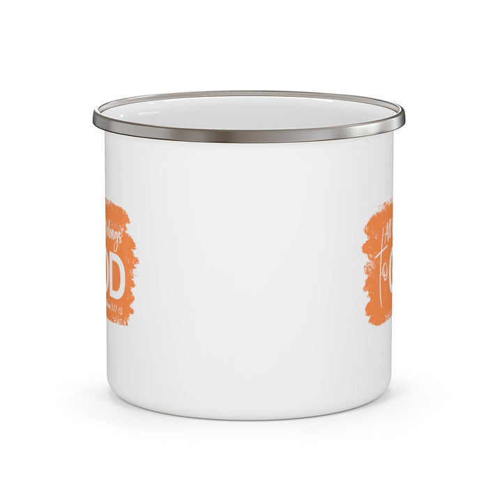 Enamel Camping Mug All Glory Belongs to God Christian Illustration Orange