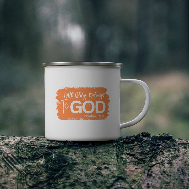 Enamel Camping Mug All Glory Belongs to God Christian Illustration Orange