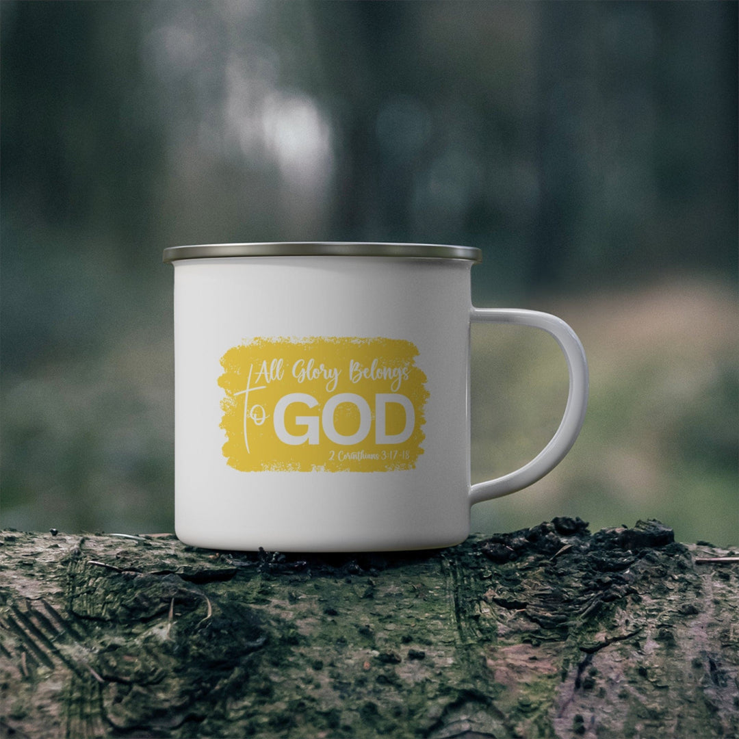 Enamel Camping Mug All Glory Belongs to God Christian Illustration Yellow