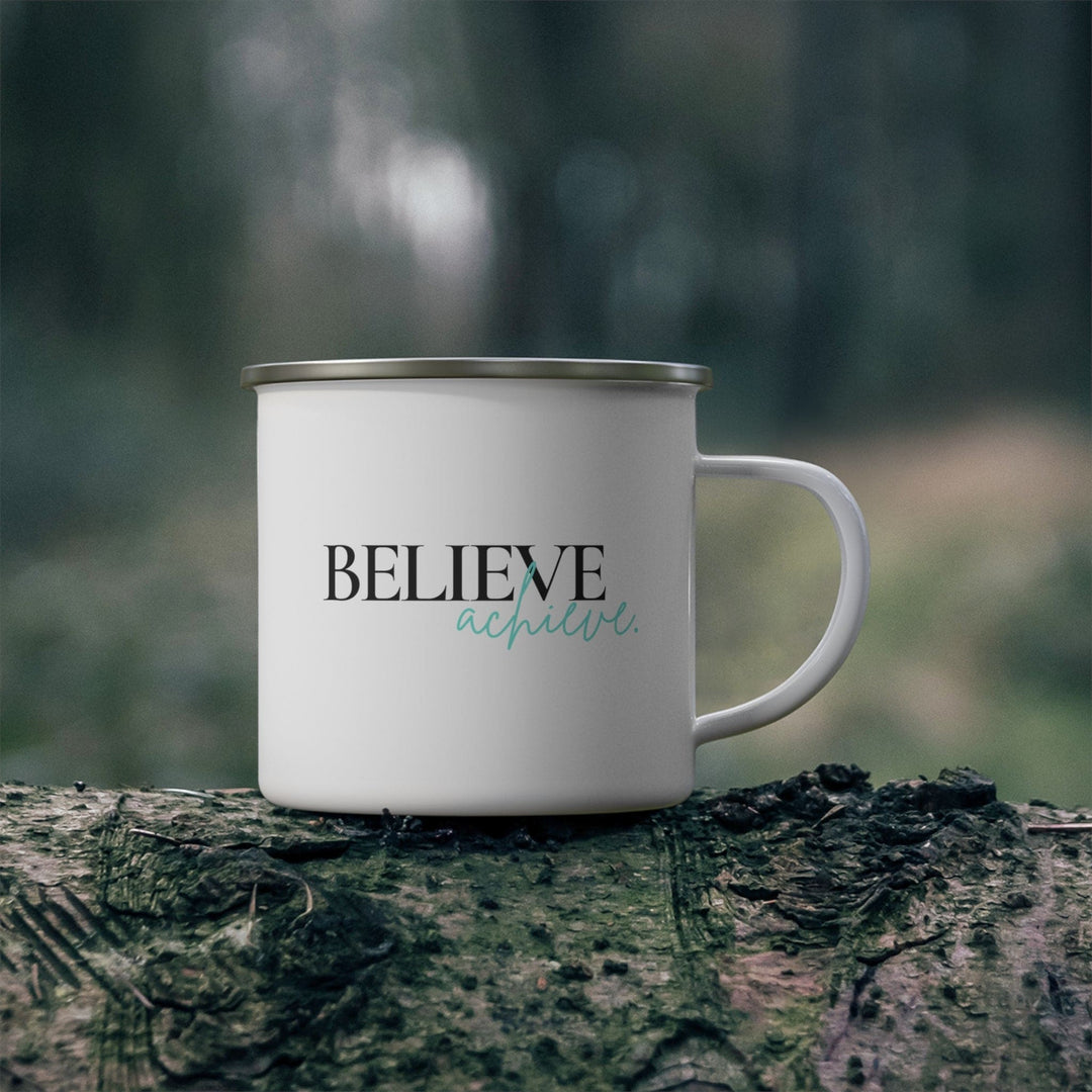 Enamel Camping Mug Believe and Achieve - Inspirational Motivation - Black