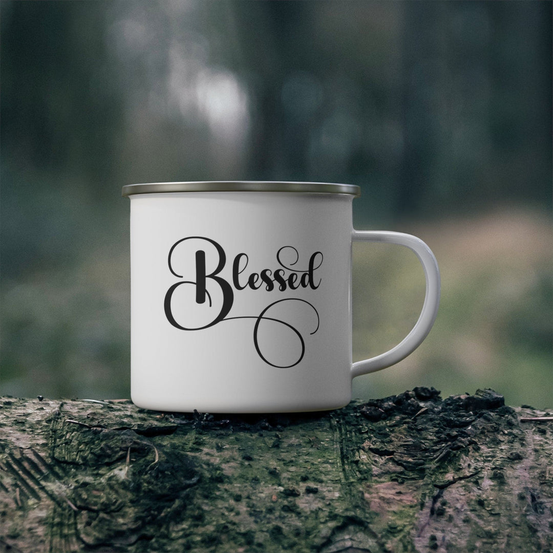 Enamel Camping Mug Blessed Black Graphic Illustration - Decorative | Enamel Mugs