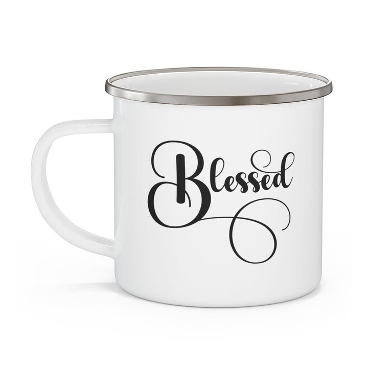 Enamel Camping Mug Blessed Black Graphic Illustration - Decorative | Enamel Mugs