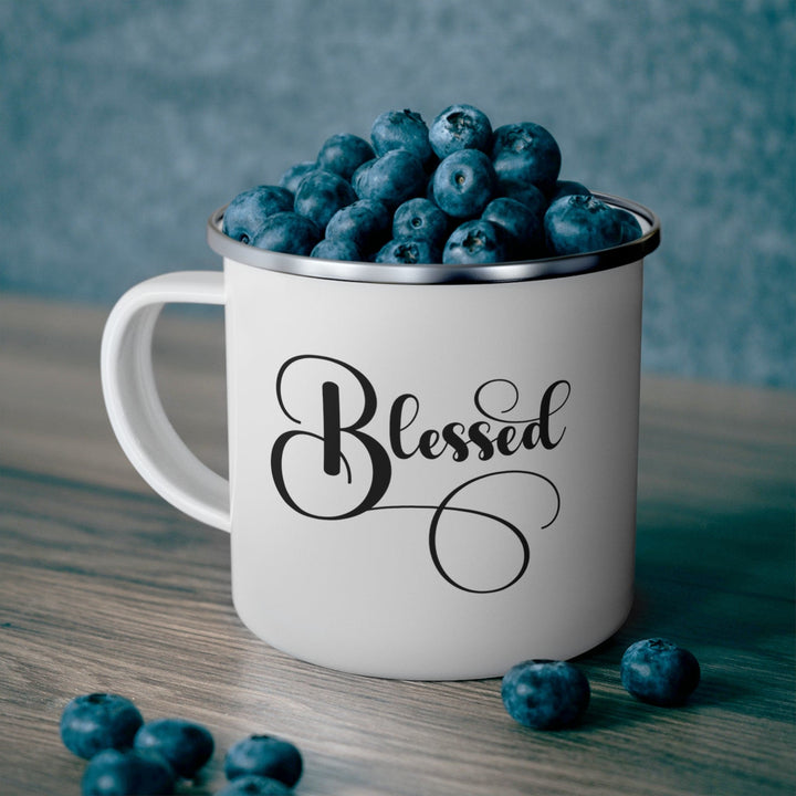 Enamel Camping Mug Blessed Black Graphic Illustration - Decorative | Enamel Mugs