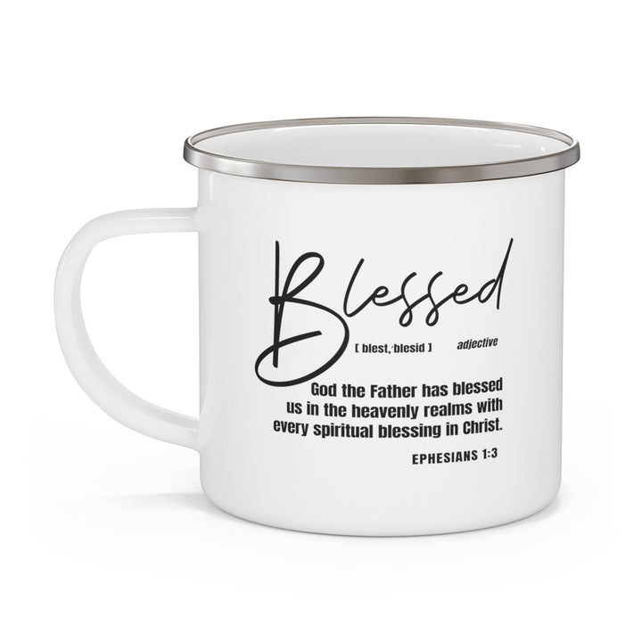 Enamel Camping Mug Blessed in Christ Illustration - Black - Decorative | Enamel