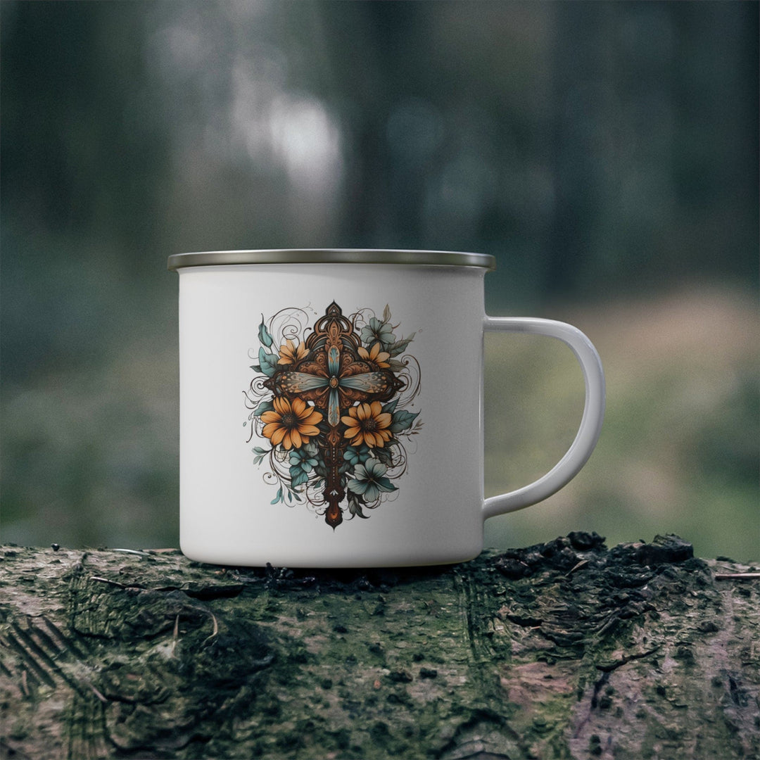 Enamel Camping Mug Blue Brown Yellow Christian Cross Floral Bouquet