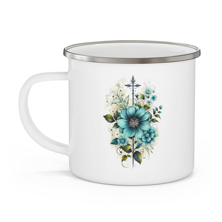 Enamel Camping Mug Blue Green Christian Cross Floral Bouquet Illustration