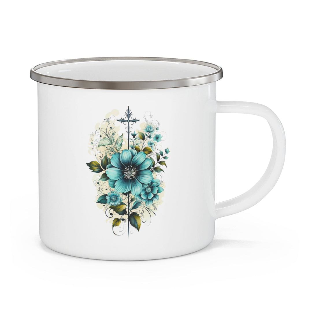 Enamel Camping Mug Blue Green Christian Cross Floral Bouquet Illustration