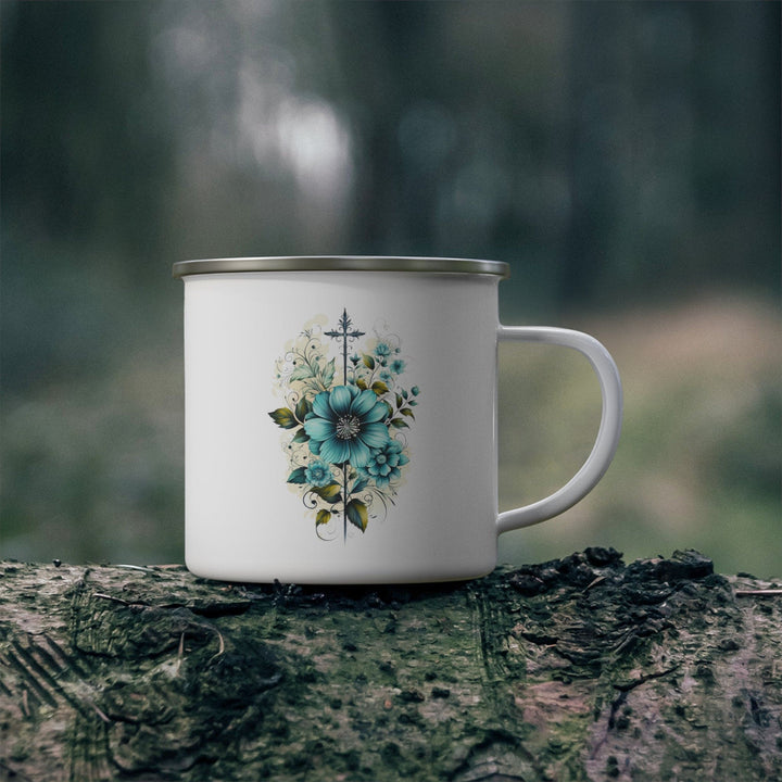 Enamel Camping Mug Blue Green Christian Cross Floral Bouquet Illustration