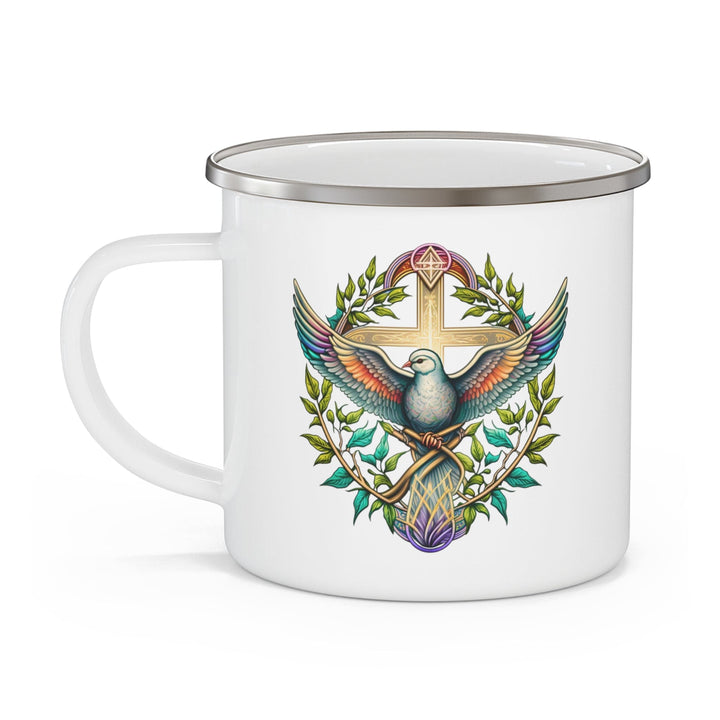 Enamel Camping Mug Blue Green Multicolor Dove Floral Illustration - Decorative