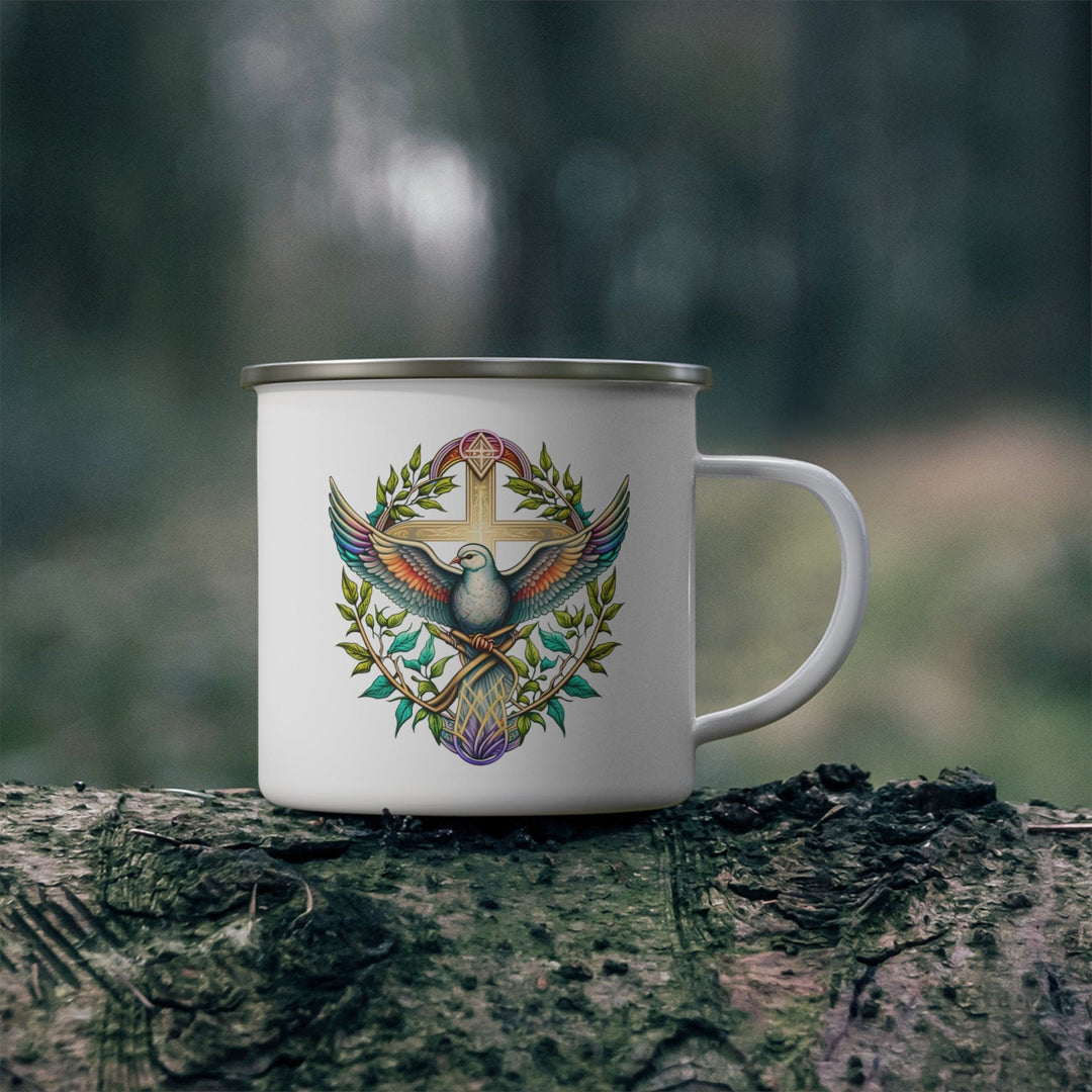 Enamel Camping Mug Blue Green Multicolor Dove Floral Illustration - Decorative