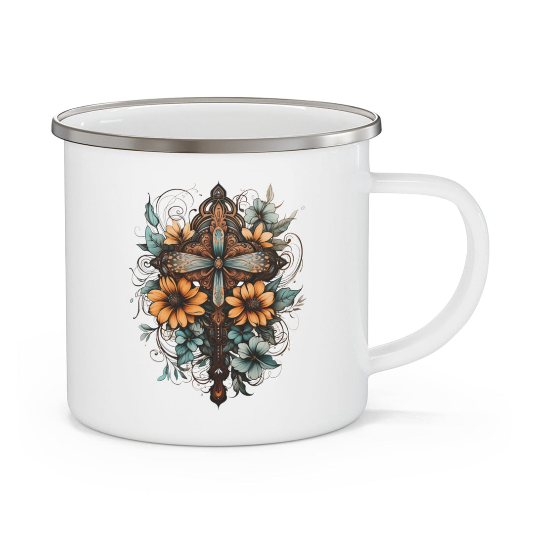 Enamel Camping Mug Christian Cross Floral Bouquet Brown and Blue - Decorative