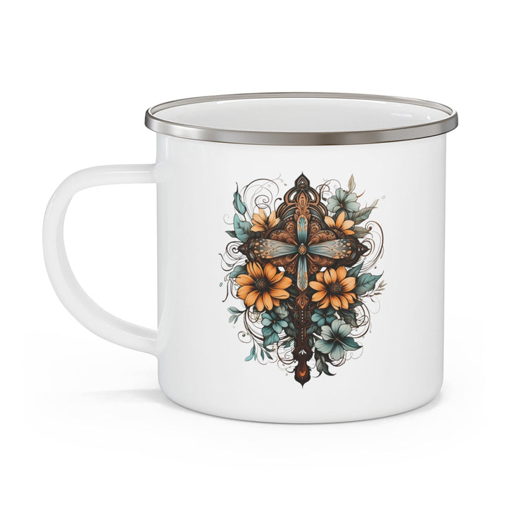 Enamel Camping Mug Christian Cross Floral Bouquet Brown and Blue - Decorative