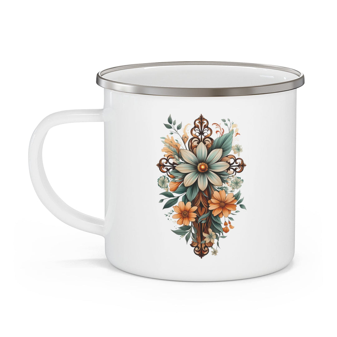 Enamel Camping Mug Christian Cross Floral Bouquet Green and Brown - Decorative