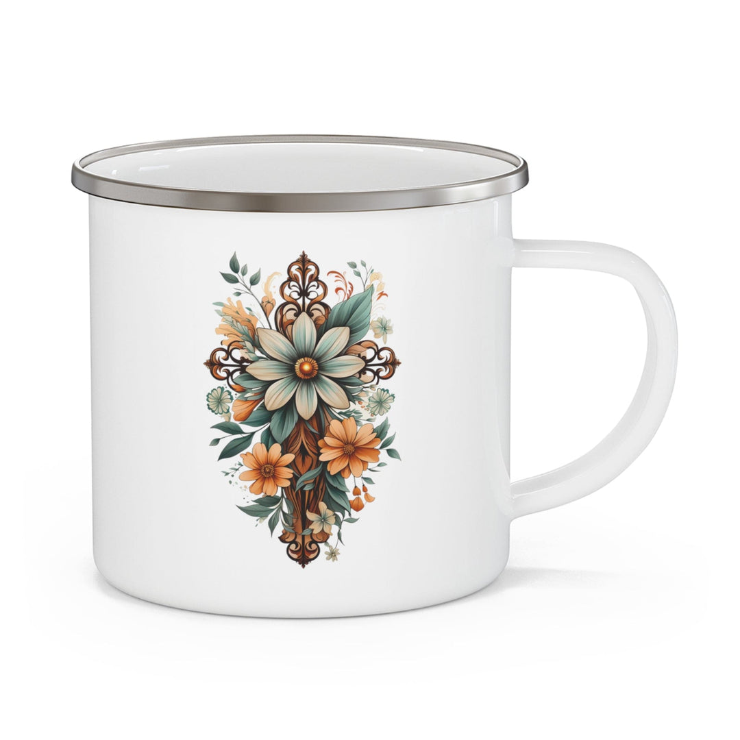 Enamel Camping Mug Christian Cross Floral Bouquet Green and Brown - Decorative