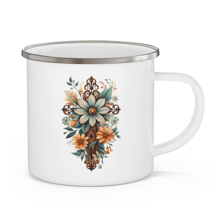 Enamel Camping Mug Christian Cross Floral Bouquet Green and Brown - Decorative