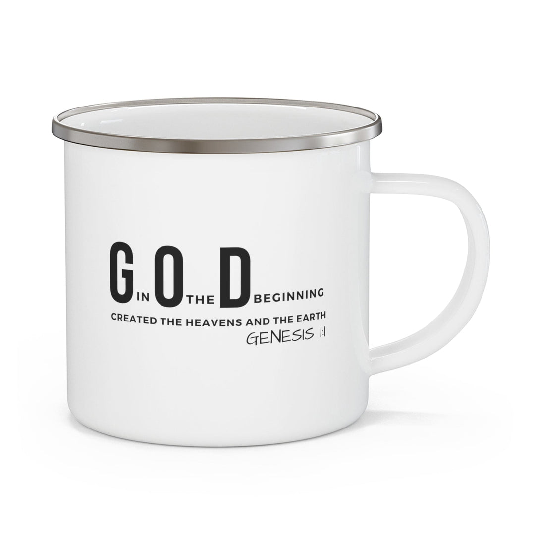 Enamel Camping Mug God in the Beginning Inspirational Illustration - Decorative