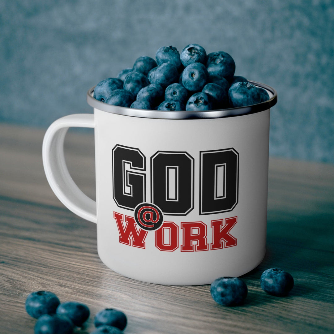 Enamel Camping Mug God @ Work Black and Red Print - Decorative | Enamel Mugs