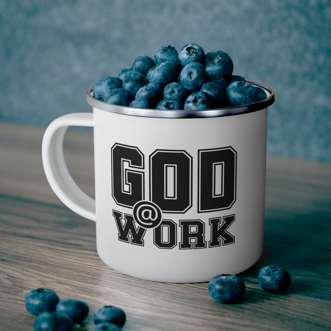 Enamel Camping Mug God @ Work Black and White Print - Decorative | Enamel Mugs