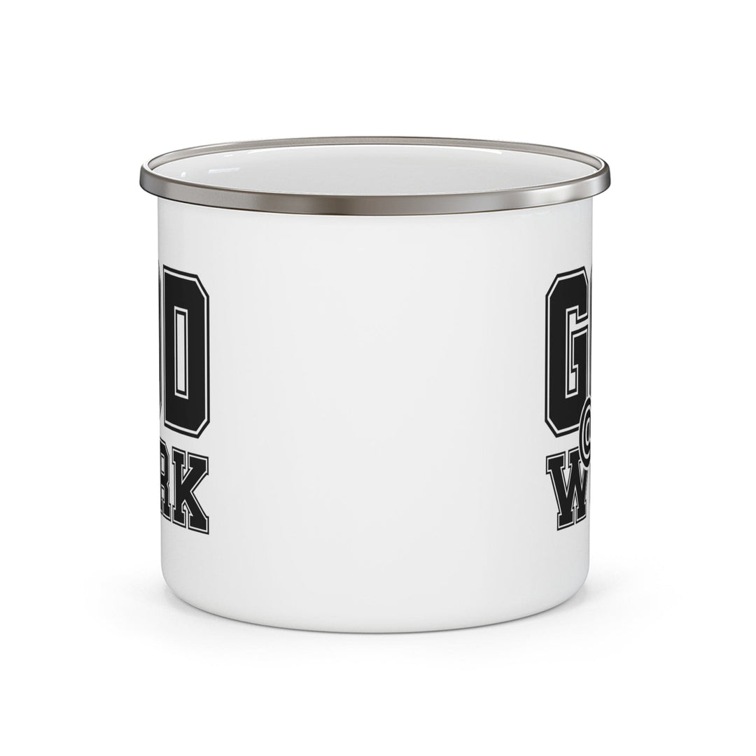 Enamel Camping Mug God @ Work Black and White Print - Decorative | Enamel Mugs