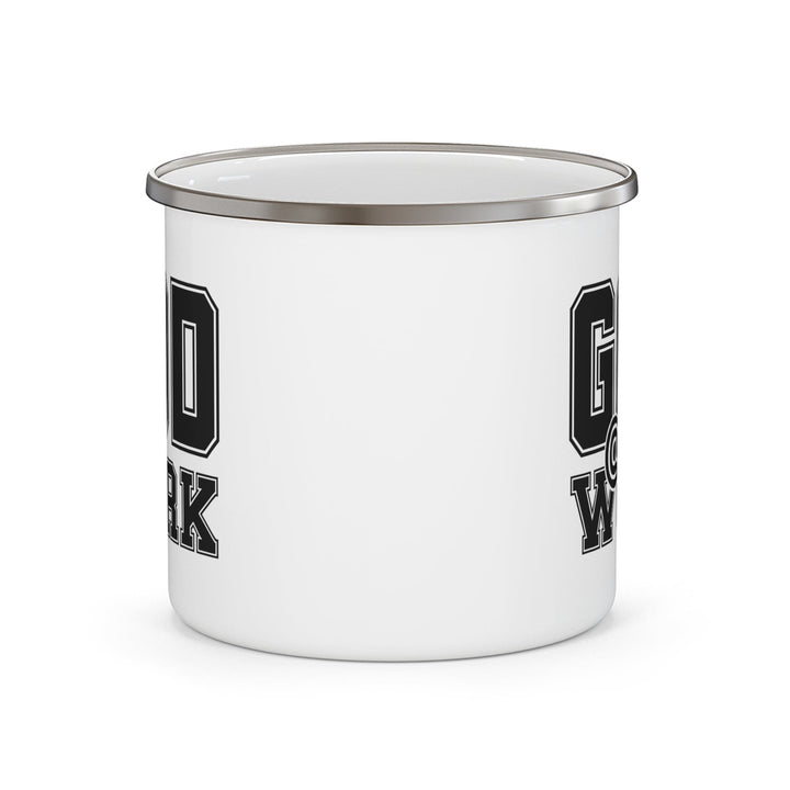 Enamel Camping Mug God @ Work Black and White Print - Decorative | Enamel Mugs