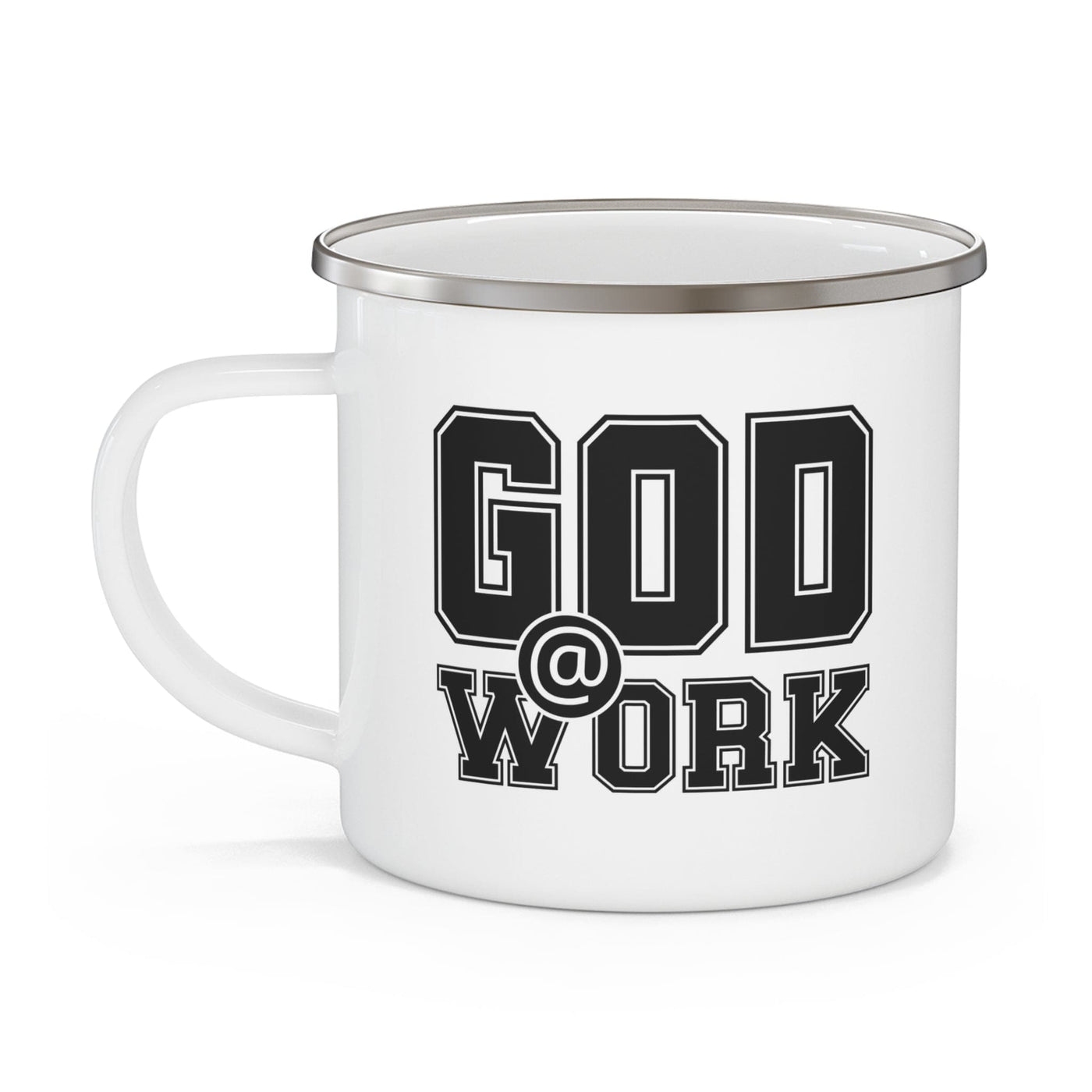 Enamel Camping Mug God @ Work Black And White Print - Decorative | Mugs