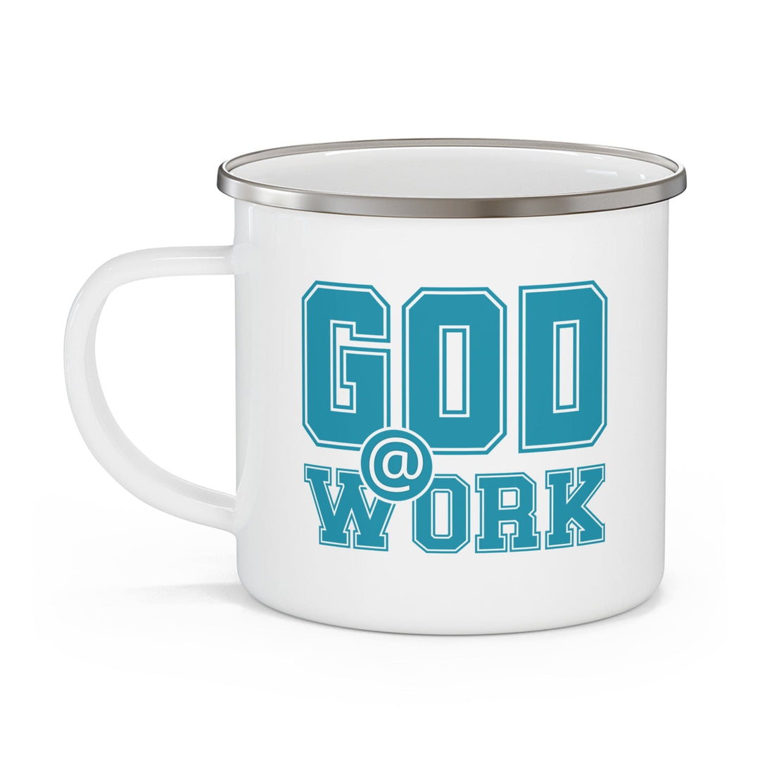 Enamel Camping Mug God @ Work Blue Green and White Print - Decorative | Enamel