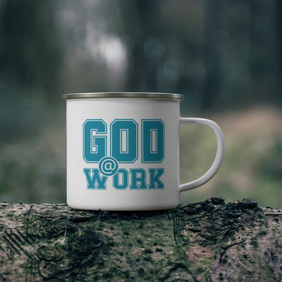 Enamel Camping Mug God @ Work Blue Green And White Print - Decorative | Mugs