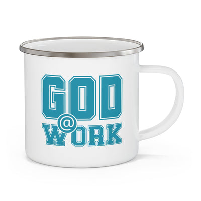 Enamel Camping Mug God @ Work Blue Green And White Print - Decorative | Mugs