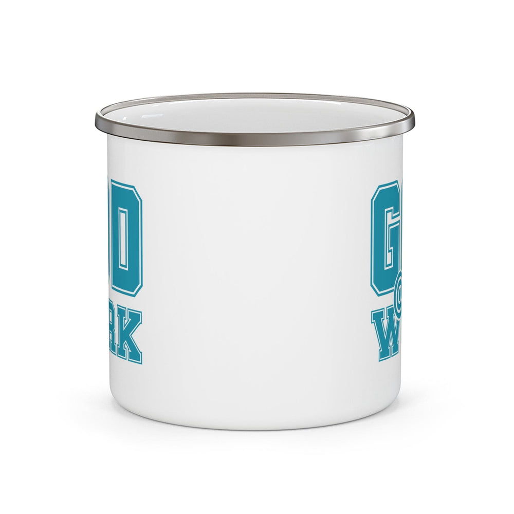 Enamel Camping Mug God @ Work Blue Green and White Print - Decorative | Enamel